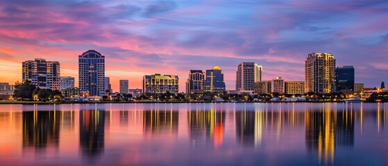 Orlando Florida Skyline at Sunset Reflected in Lake Eola Colorful Sky Urban Cityscape Downtown Buildings Modern Architecture Panoramic View