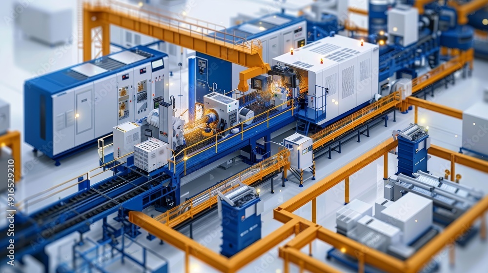 Poster a detailed view of a high-tech industrial production line featuring automated machinery, advanced eq