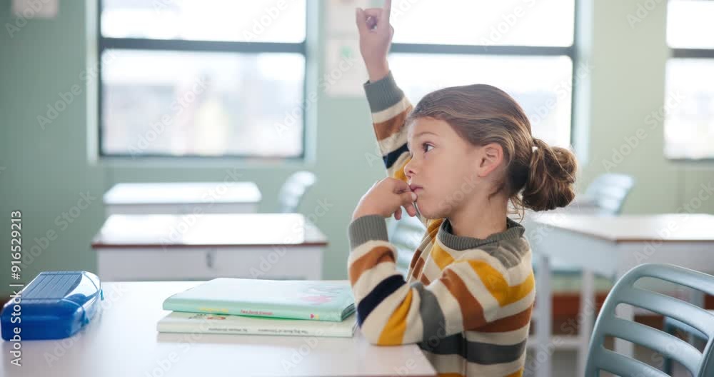 Poster education, question and hands raised with girl in classroom for learning, discussion and knowledge. 