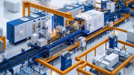 A detailed view of a high-tech industrial production line featuring automated machinery, advanced equipment, and efficient processes in a manufacturing setup.