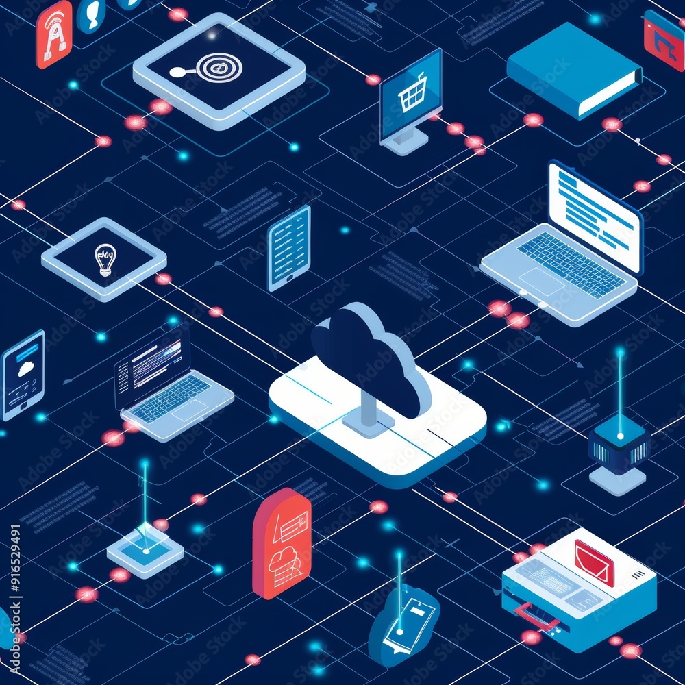 Poster a detailed digital illustration representing cloud computing services, highlighting interconnected d
