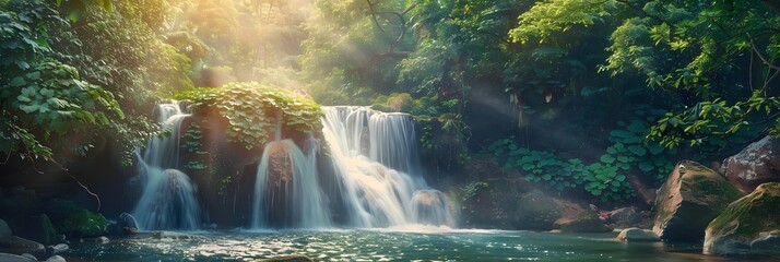 Crystal-clear cascades tumble over mossy rocks in a lush green park