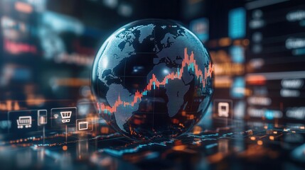 Fototapeta premium Globe surrounded by ecommerce icons with a rising stock chart overlay, symbolizing global market growth, photo realistic