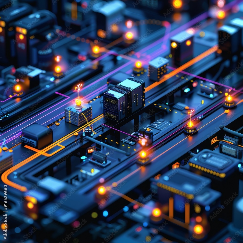 Aufkleber this image depicts a night view of illuminated futuristic circuitry, featuring glowing pathways and 