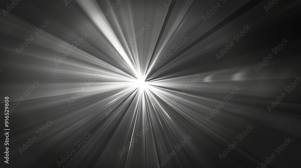 Poster the image features monochrome light beams converging towards a bright central point, creating a futu