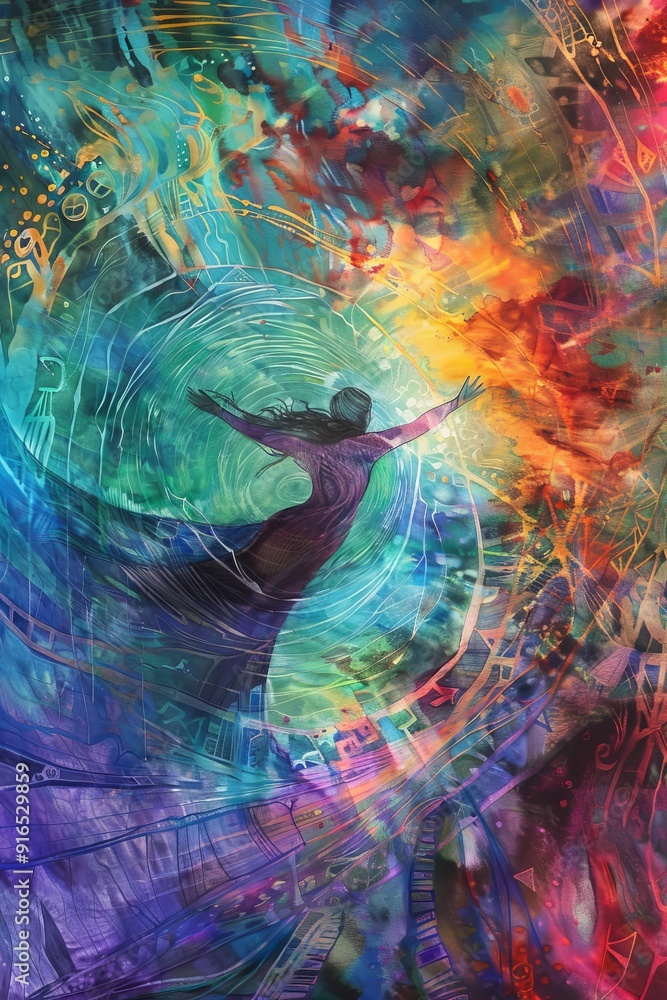Poster the vibrant abstract image depicts a dancing figure enveloped by swirling multicolored brushstrokes,