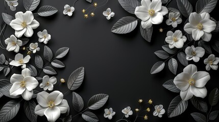 A 3D bunch of leaves and flowers on a black background, designed with ample copy space