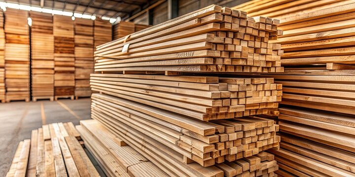 Stacked timber planks at a lumber yard with soft focus on wood texture and patterns , wood, timber, planks, lumber yard