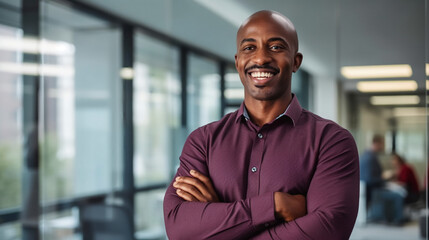 Fototapeta premium Portrait of a smiling black businessman standing with his arms crossed in a modern office and looking away, his team working on a whiteboard behind him. 