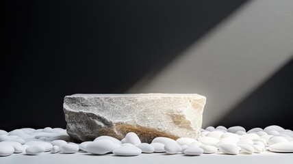 Black stone podium with dramatic shadow on white pebbles, chiaroscuro lighting.