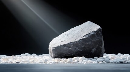 Black stone podium with dramatic shadow on white pebbles, chiaroscuro lighting.