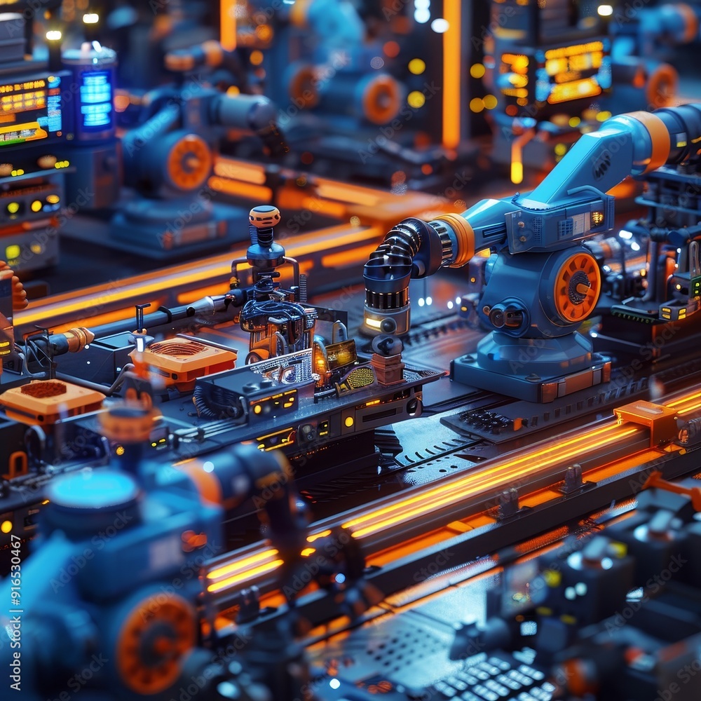 Poster a vibrant industrial scene showcasing advanced automated robots and machinery on a production line.