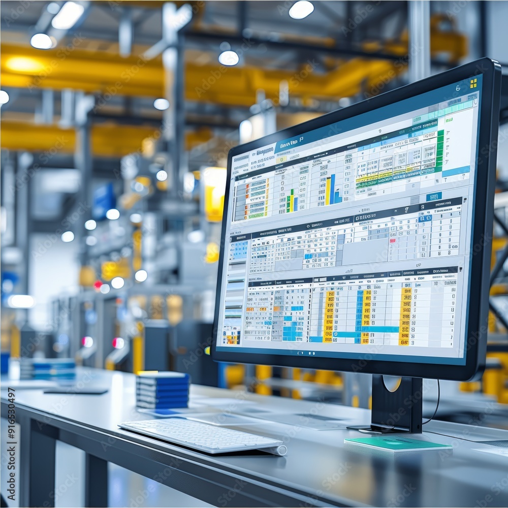 Aufkleber a high-resolution image of a factory desktop with a comprehensive software system for managing manuf