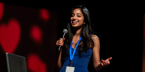 beautiful indian woman in her mid-20s with long dark hair smiling, she is standing on stage at  conference in India,