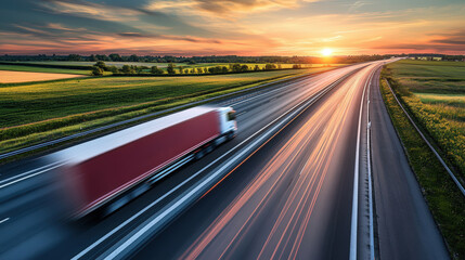 Fototapeta premium Motion Blur of a Semi-Truck Speeding on Highway at Sunset
