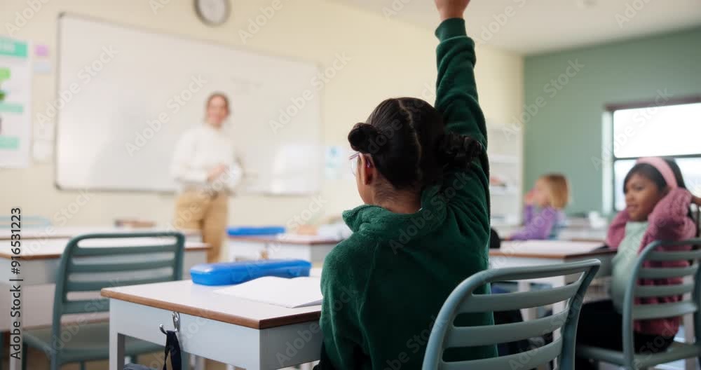 Poster student, question and teacher in classroom for learning, development and growth as youth with math. 