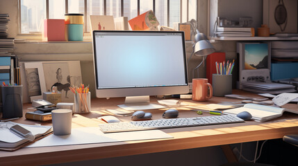 Desk Setup: Focus on the arrangement of items on the desk, such as the computer, keyboard, mouse, notepads, pens, and any decorative items. Home office concept.