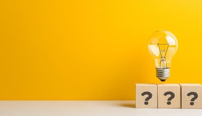 Light Bulb on Wooden Blocks with Question Marks and Yellow Background