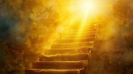 A golden staircase majestically rises through glowing, radiant clouds, embodying the themes of spiritual ascension, enlightenment, and the ascent to heaven.