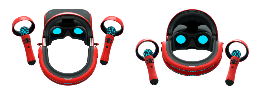 Virtual reality glasses and headset with controllers isolated on white background with clipping path. 3D render of design that enhances immersive gaming experiences for users