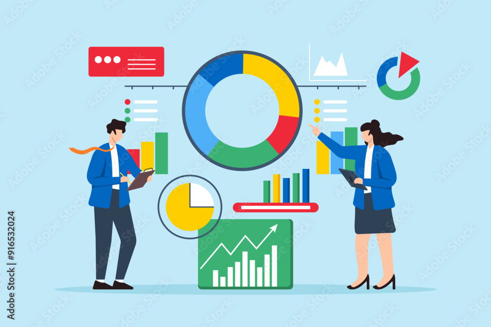 Poster flat illustration of two professionals analyzing data for problem-solving and solution finding