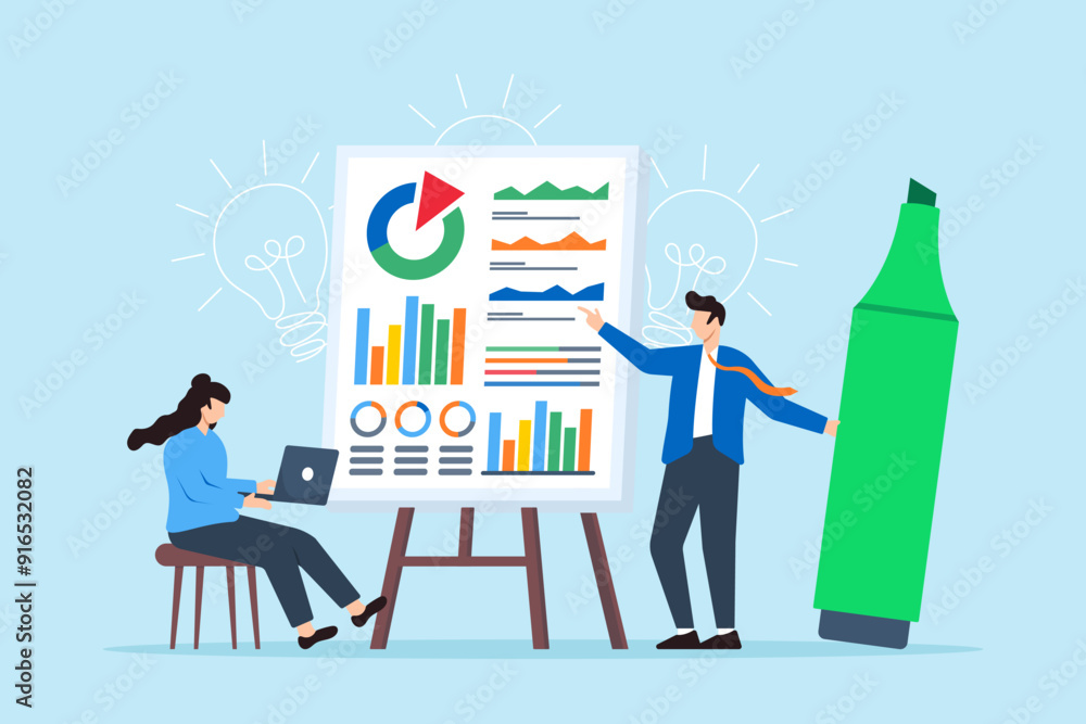 Poster flat illustration of two colleagues brainstorming solutions for complex problems