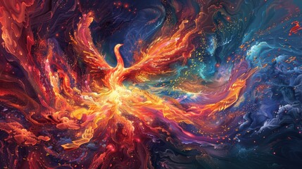 A glowing phoenix, full of life and color, ascends from the ashes, embodying the power of rebirth, transformation, and unyielding resilience.