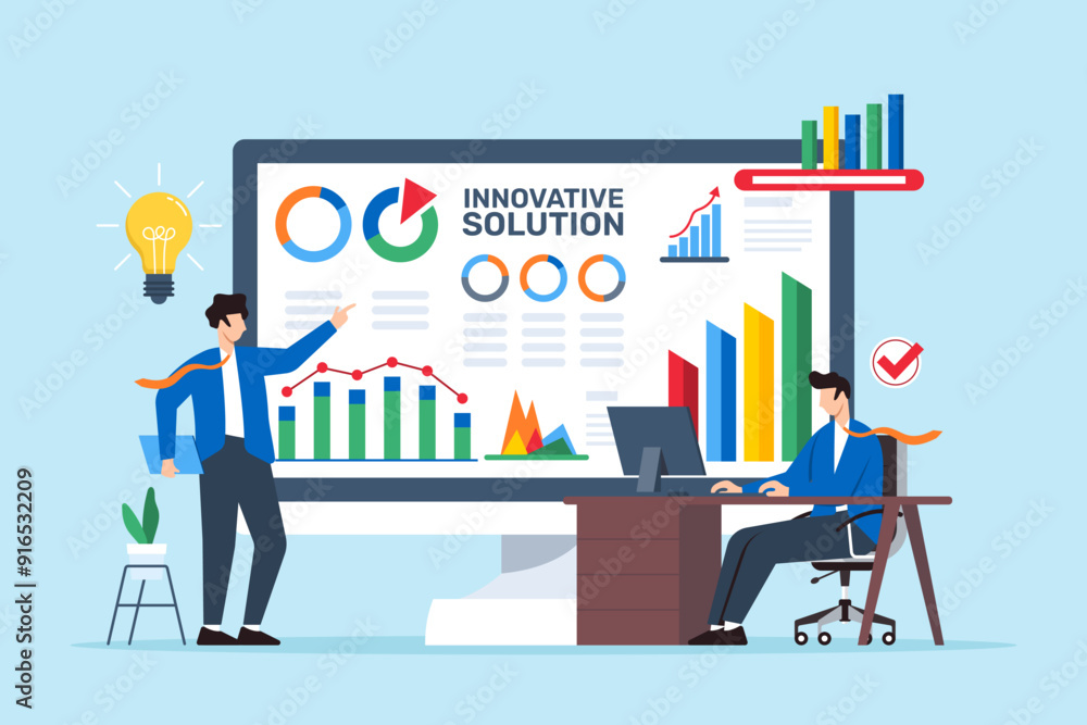 Aufkleber flat illustration of two men conducting problem analysis with innovative solutions on computer scree