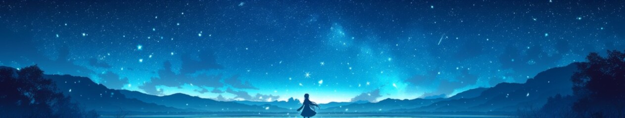 Fototapeta premium Enchanting Starry Night by the Lake: Anime-Style Winter Wonderland. Magical 4K Digital Art Showcasing Celestial Beauty, Perfect for Holiday Marketing, Seasonal Tourism Promotion, and Whimsical Book Il