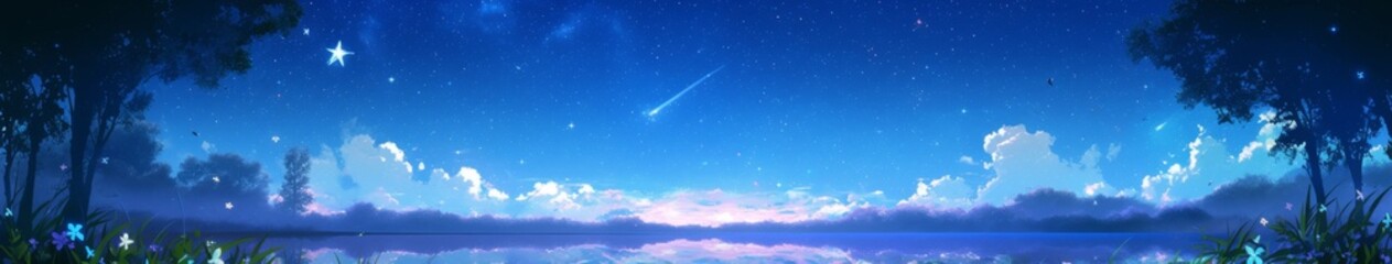 Enchanting Starry Night by the Lake: Anime-Style Winter Wonderland. Magical 4K Digital Art Showcasing Celestial Beauty, Perfect for Holiday Marketing, Seasonal Tourism Promotion, and Whimsical Book Il