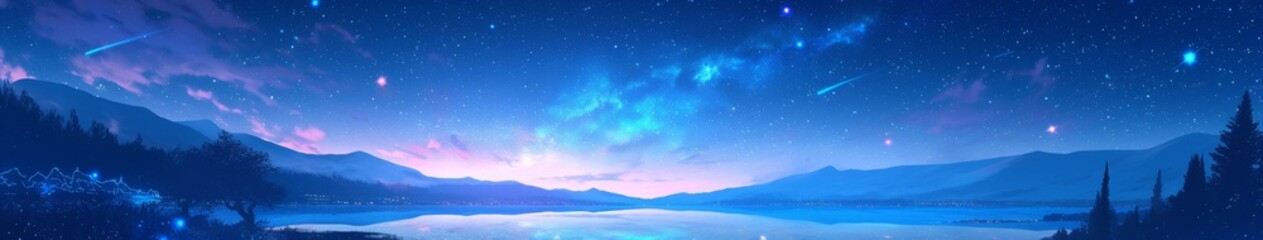 Obraz premium Enchanting Starry Night by the Lake: Anime-Style Winter Wonderland. Magical 4K Digital Art Showcasing Celestial Beauty, Perfect for Holiday Marketing, Seasonal Tourism Promotion, and Whimsical Book Il