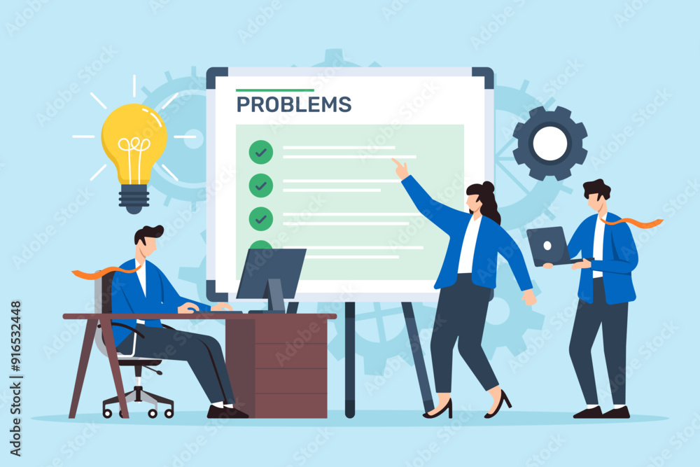 Aufkleber flat illustration of coworkers identifying list of problems and brainstorming solutions on whiteboar