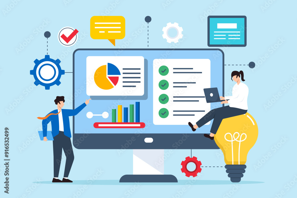 Poster flat illustration of business partners analyzing problems and finding effective solutions on digital