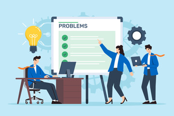 Flat illustration of coworkers identifying list of problems and brainstorming solutions on whiteboard