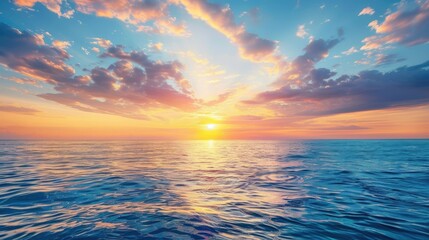Fototapeta premium Colorful hues from a vibrant sunset spread across a calm ocean, forming a serene and stunning horizon, inviting peaceful reflection.