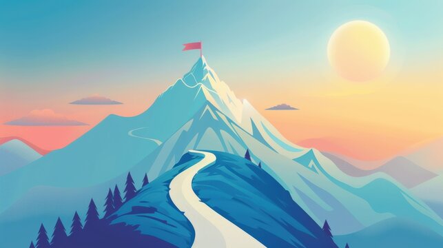 A colorful illustration of a winding path leading up to a mountain summit with a flag, symbolizing achievement, goals, and the journey to success.