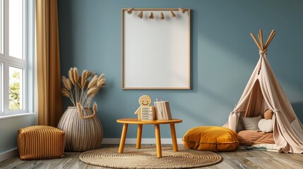 blank frame mockup, Scandinavian Playroom interior with table
