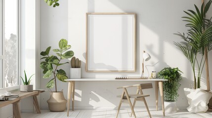 blank frame mockup, scandinavian Study room interior