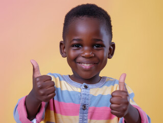 A young african boy with short black hair is smiling and giving a thumbs up with both hands against a yellow and orange background.