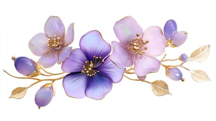 Obraz premium Beautiful light purple, lavender flowers brooch, opal stone and golden color palette isolated on white background. Ai generation
