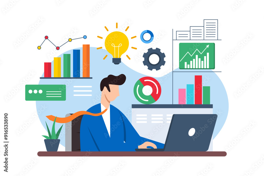 Poster flat illustration of man at desk studying charts and graphs to overcome difficulty