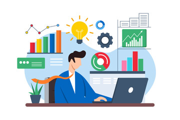 Flat illustration of man at desk studying charts and graphs to overcome difficulty