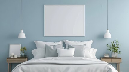 blank frame mockup, The master bedroom is bright blue and white