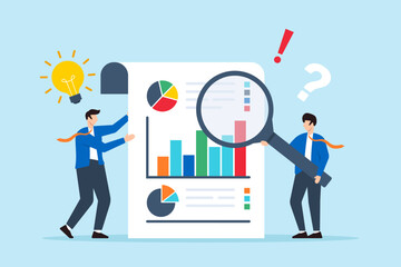 Flat illustration of two businessmen examining information with magnifying glass for answers on piece of paper