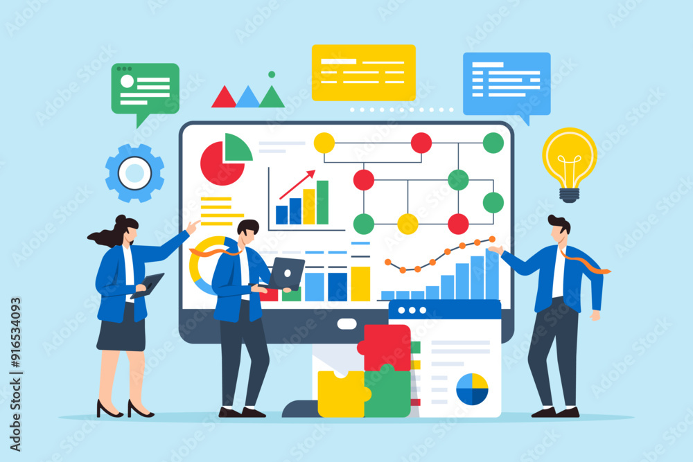 Poster flat illustration of team using technology to analyze and solve complex problems on computer screen