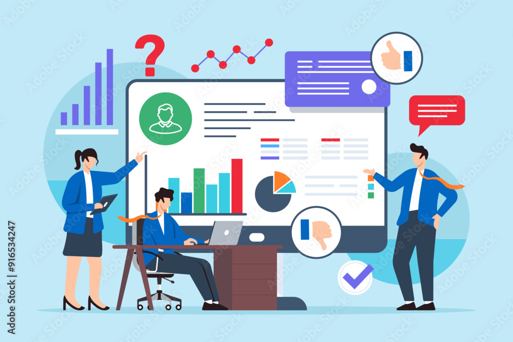 Poster flat illustration of team evaluating survey data to solve customer service issues on computer screen