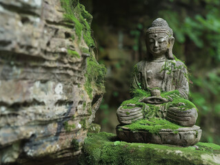 Obraz premium A moss-covered Buddha statue sits serenely amidst lush greenery in a forest setting.