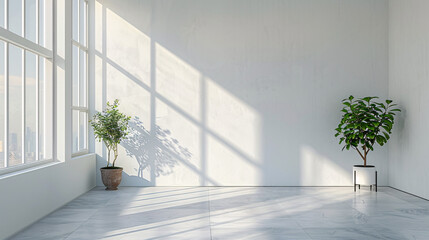 A minimalist room with white walls and large windows, featuring two potted plants. The sunlight streaming through the windows casts long shadows on the white walls and floor, creating a serene and air