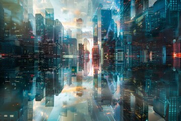 Obraz premium Multiverse cityscape bustling with activity as denizens from different dimensions converge