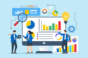 Flat illustration of professionals analyzing competitive data to find market solutions on computer screen